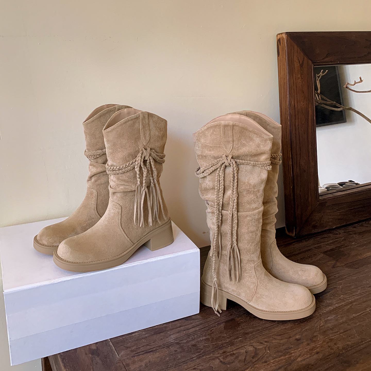 2025 New Arrival Egyptian Boots Fringe Chunky Heel Mid Calf Western Cowboy Boots for Women Slim Fit - Image 2