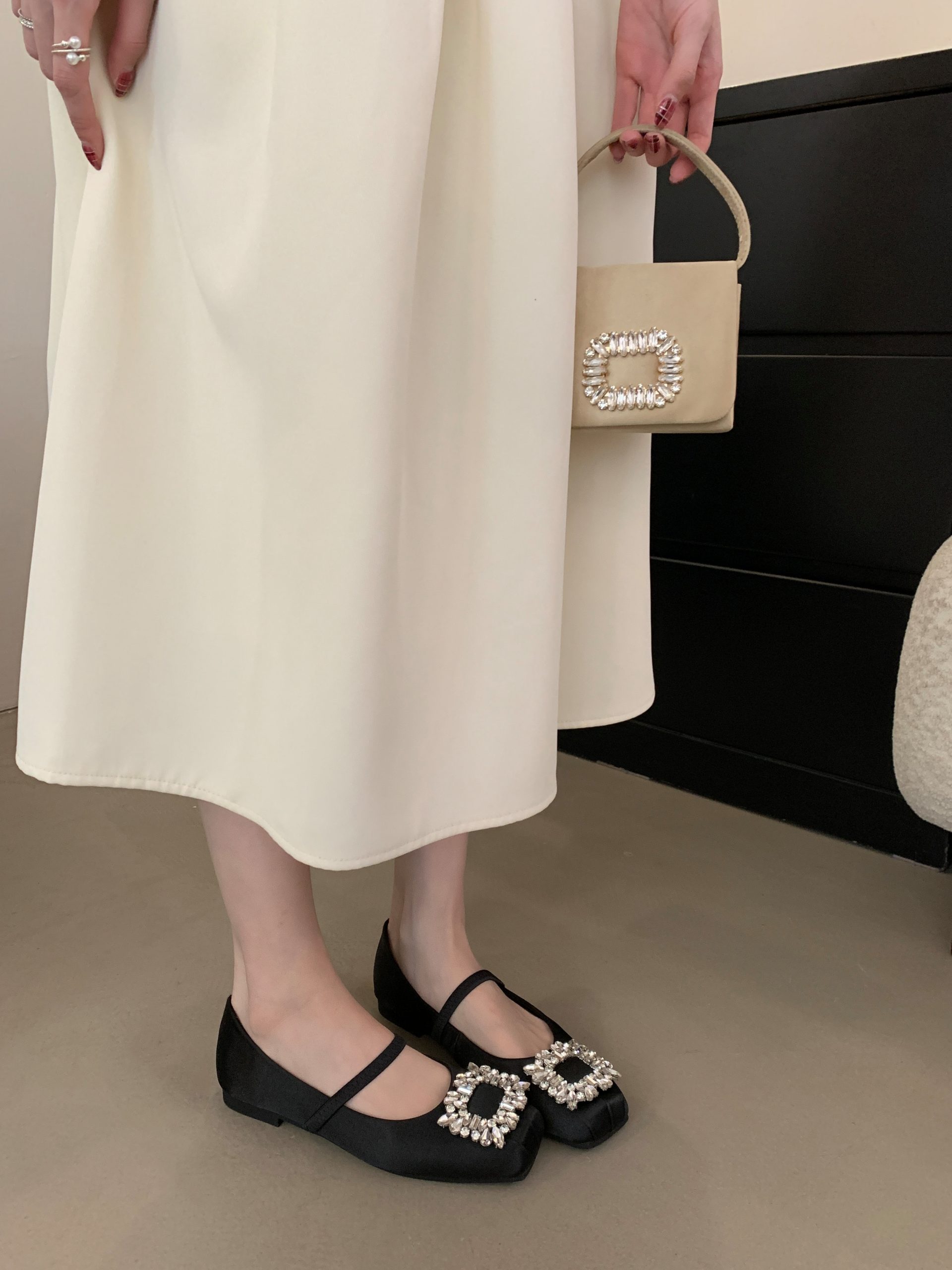 Korean Style Square Toe Pleated Rhinestone Buckle Mary Jane Flats for Women 2025 Spring Soft Sole Slip-On - Image 2