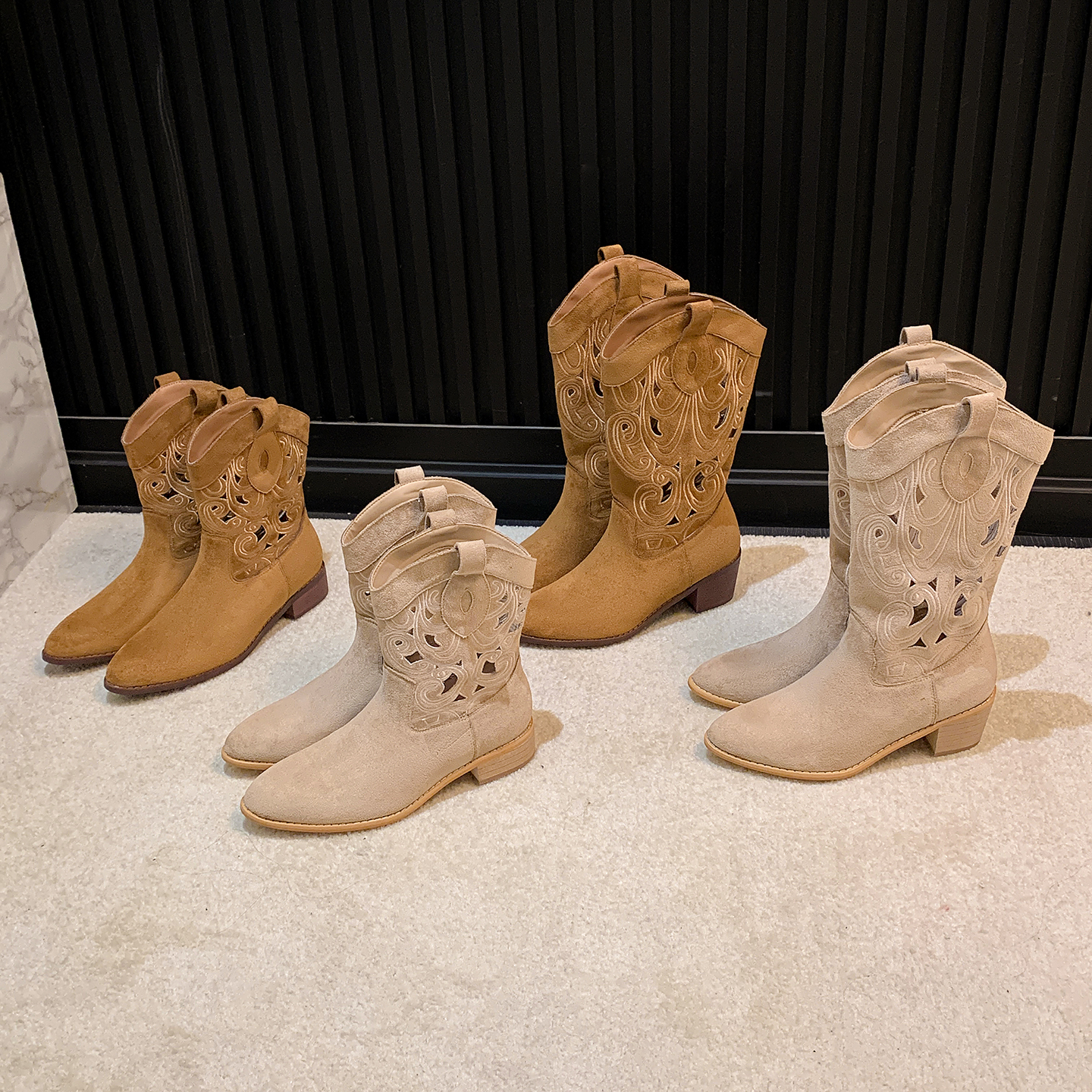 Trendy Fall Winter New Style Two Versions - Edgy Pointed Toe Hollow Out Embroidered Mid Calf Chunky Heel Western Boots for Women - Image 2