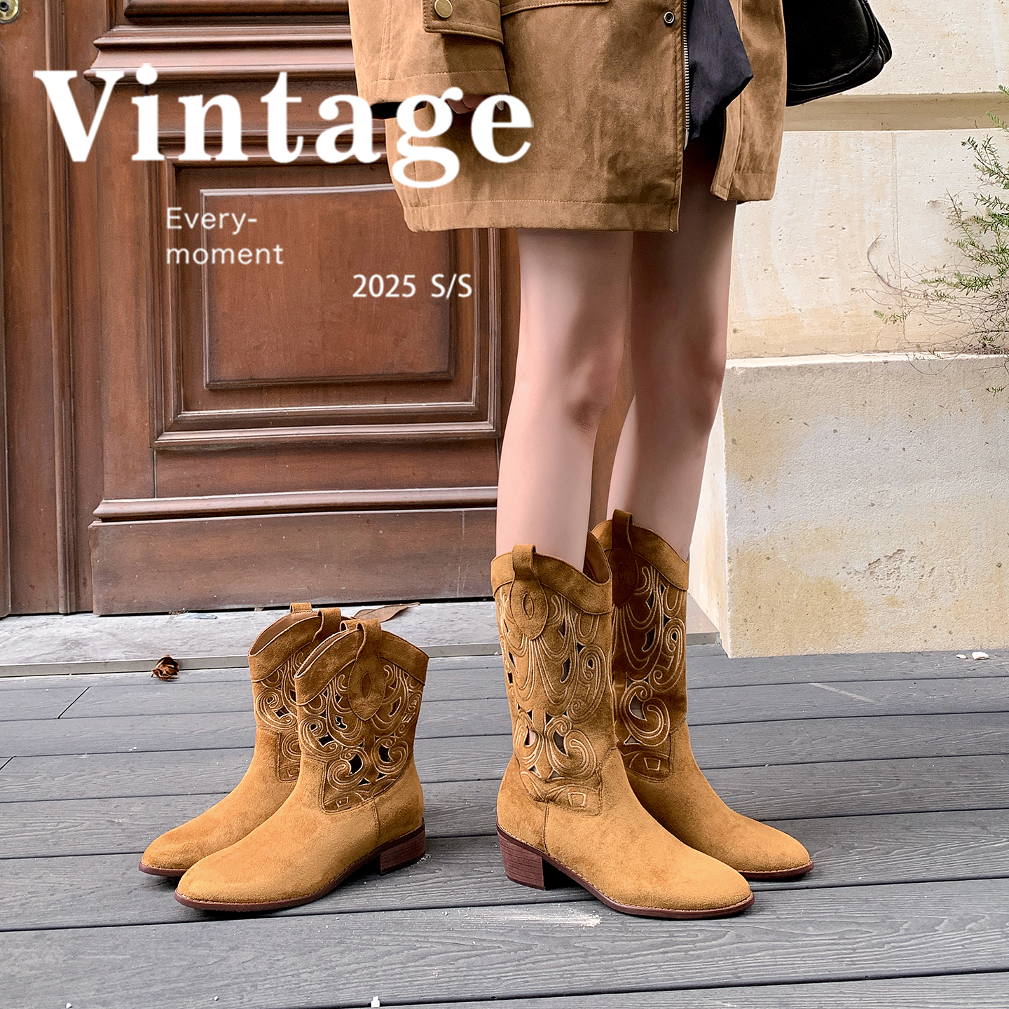 Trendy Fall Winter New Style Two Versions - Edgy Pointed Toe Hollow Out Embroidered Mid Calf Chunky Heel Western Boots for Women - Image 3